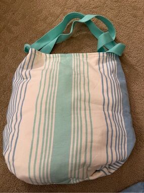 Striped Beach Towel Tote in Mint & Light Blue